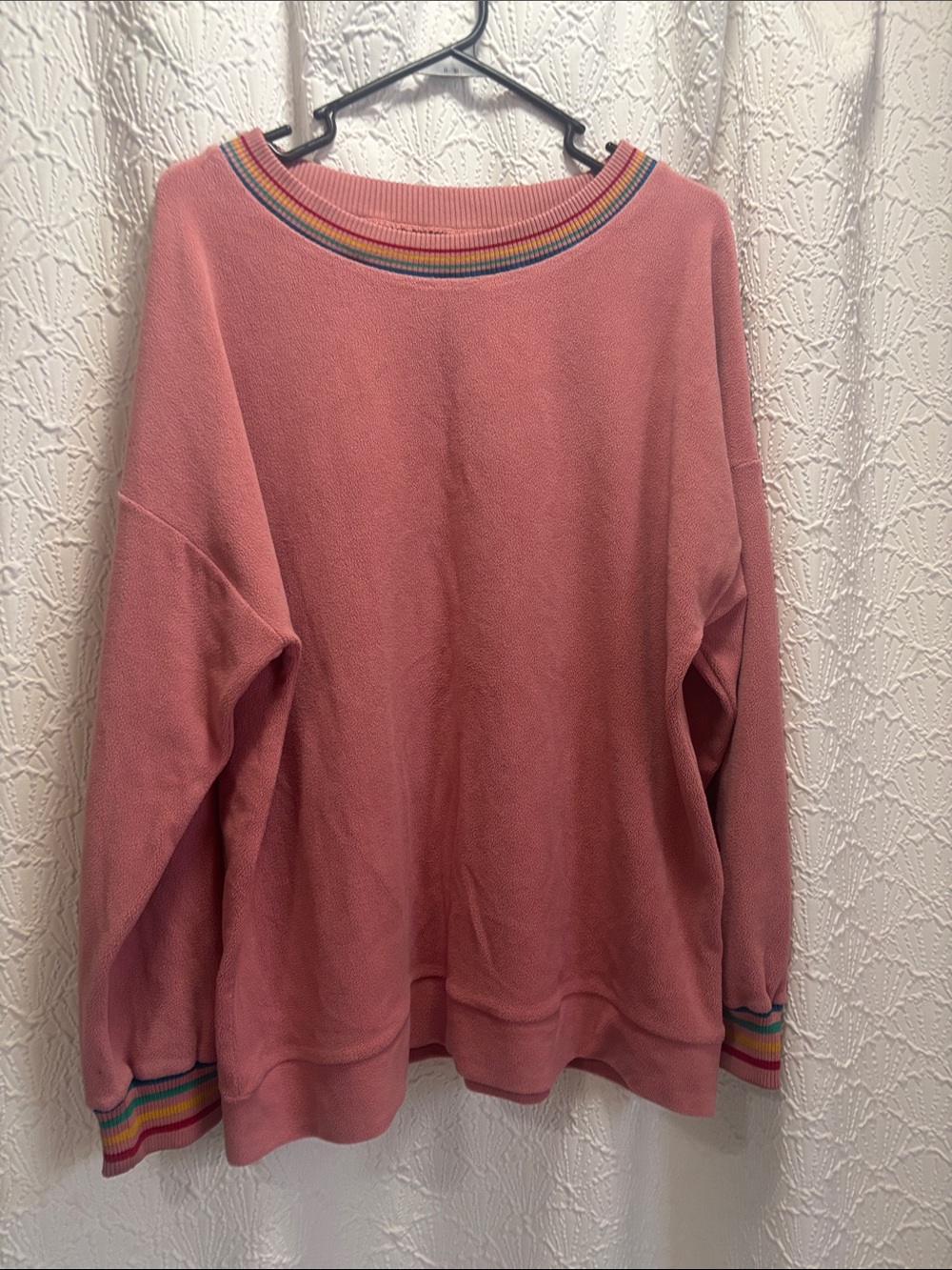 Pink Crewneck Sweater with Rainbow Trim